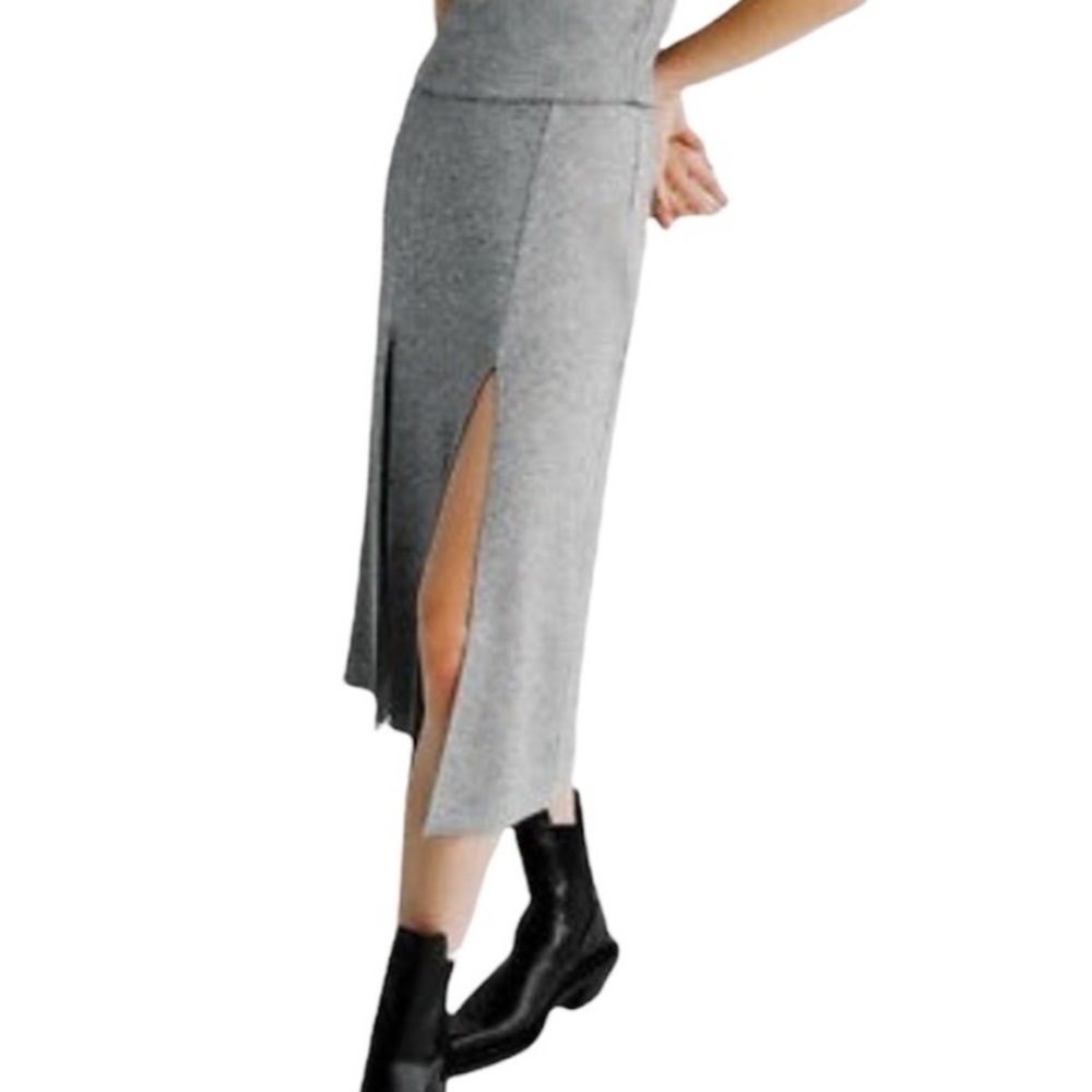 New ZARA Wool Blend Knit Midi Skirt Double Slit Lightly Ribbed Gray Sz M